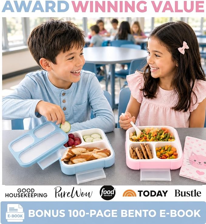 kinsho Medium Bento Boxes for Kids, Lunch Box for Boys Girls Toddler Adults, Leak-Proof 3 Compartment Containers for Meal or Snack at School Daycare Work Travel, BPA Free 2 Pack (Pastel Blue + Pink)