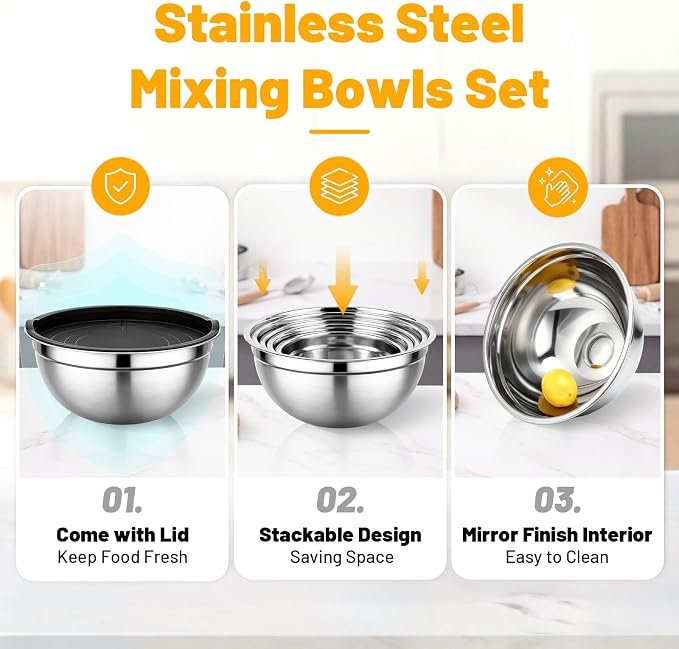 Beasea Mixing Bowls with Lids Set of 5, 1.5/2/2.5/3.4/4/5 QT Stackable Nesting Stainless Steel Bowls with Lids, for Meal Prepping, Salad, Food Serving, Baking Set for Dough, Cream, Batter