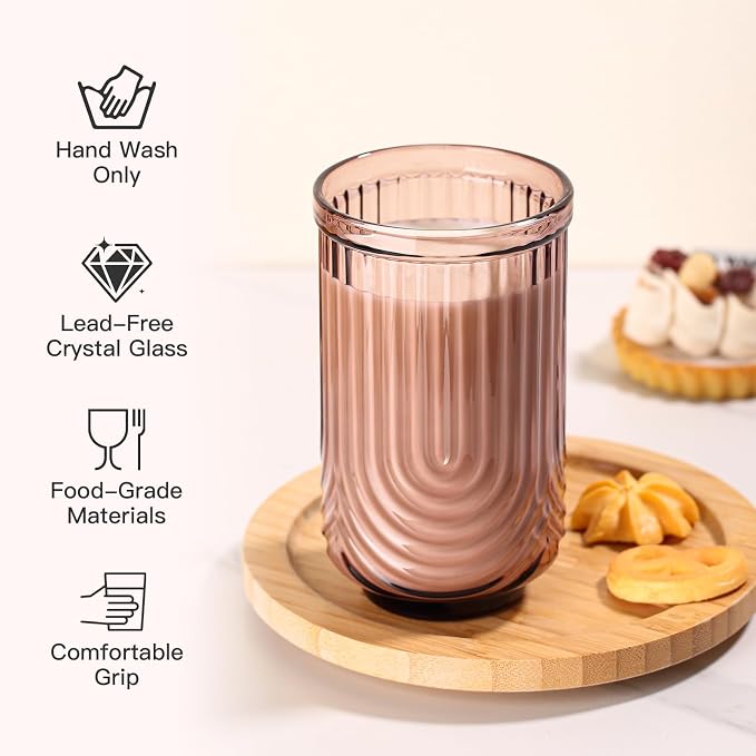JOVGANK Amber Vintage Glassware Set of 6-17Oz Brown Water Drinking Glass, Art Deco Ripple Highball Glass, Whiskey Cocktail Glasses, for Bar Ice Coffee Juice, Housewarming Gifts Gift