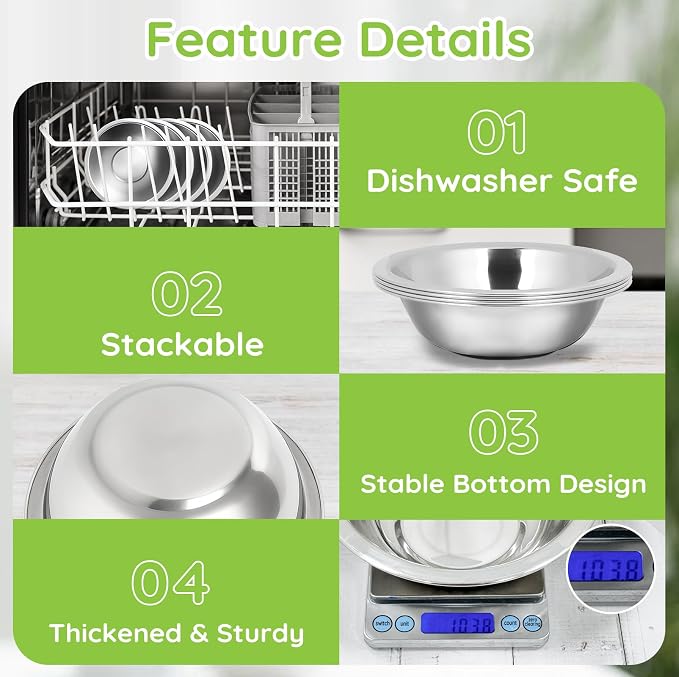304(18/8) Stainless Steel Mixing Bowls for Kitchen, 4 Pack 6.3" 13.67 fl.oz Metal Mixing Bowls Set Stackable for Baking Serving Cooking Food Prep Storage Dishwasher Safe Heavy Duty