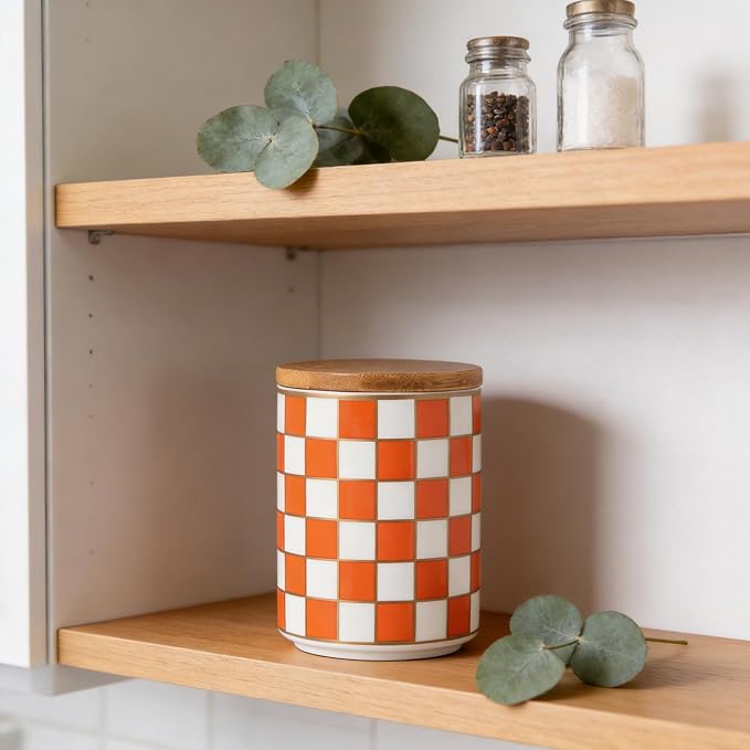 Kitchen Countertop Ceramic Checkered Canisters,Black And White Food Storage Containers With Lid,Airtight Kitchen Canisters for Flour, Sugar, Coffee, Tea, and Dry Goods (Orange, Small)