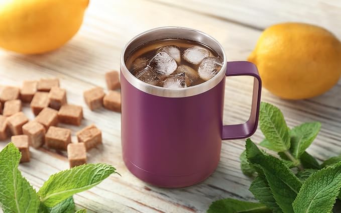MEWAY 12oz Coffee Mug With Handle and Sliding Lid,Stainless Steel Travel Tumbler Cup with Handle,Double Wall Vacuum Insulated Camping Cup for Hot & Cold Drinks Tea (Plum,Set of 1)