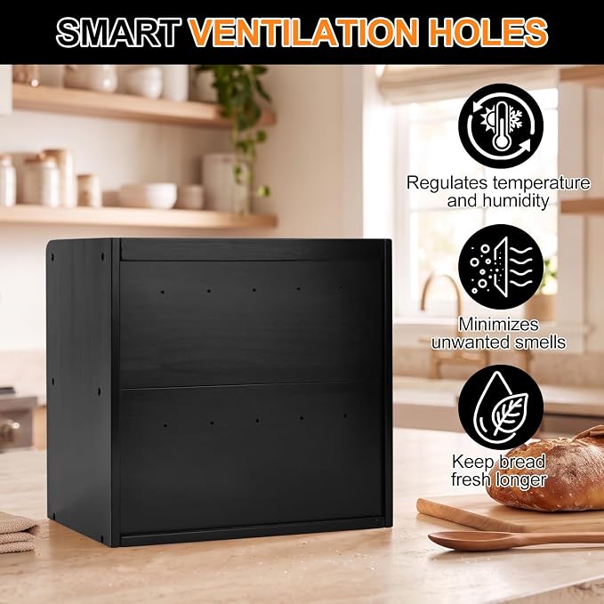 Alpeir Wooden Bread Box for Kitchen Countertop, Large Double Layer, Black | Food-Safe Pine Wood, Double-Row Ventilation, Strong Acrylic Window, Raised Top Shelf, Easy Care, Farmhouse Corner Container