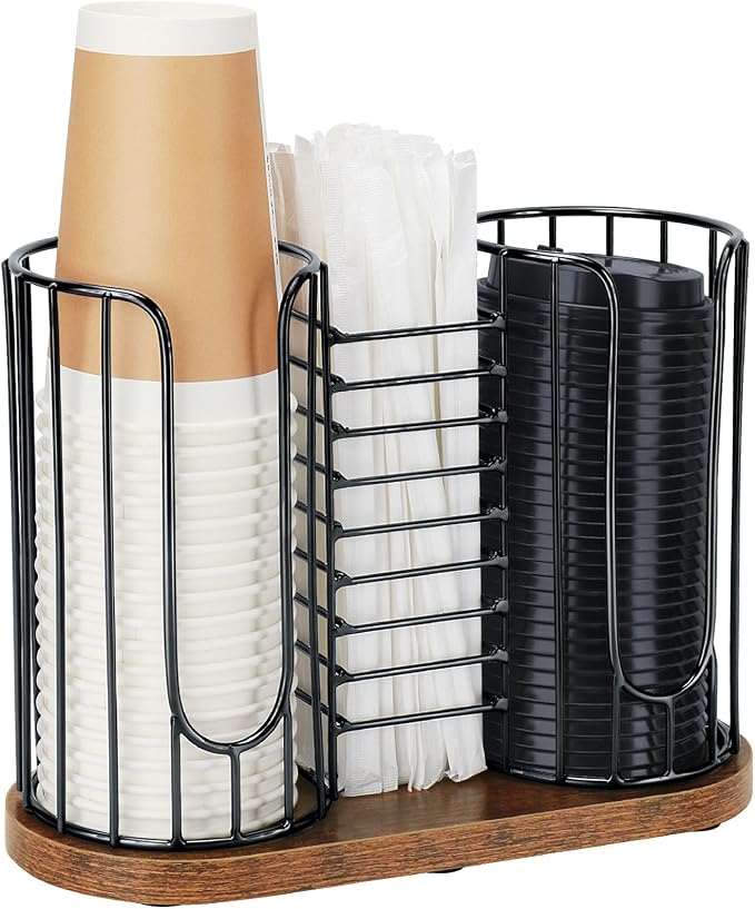 Coffee Cup Holder, 3-in-1 Disposable Cup, Straw & Lid Organizer | Paper Cup Dispenser Rack with Wooden Base, Dispenser Storage for Countertop Coffee Bar Office Kitchen, Zero Assembly