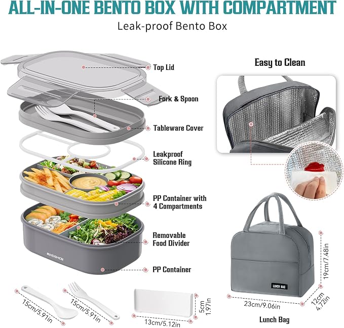RIKDOKEN Bento Lunch Box, Stackable 2 Layers Containers with Compartments, Portable 64OZ Large Capacity Leakproof Bento Box with Spoon & Fork & Lunch Bag, Microwave Safe Lunch Box for Kids and Adults