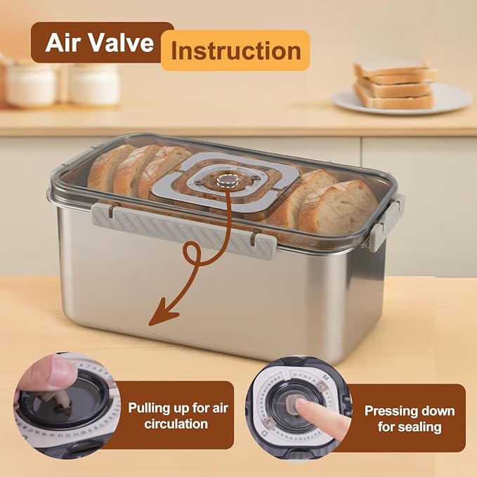 Gifhomfix Bread Box Airtight 304 Stainless Steel Bread Container, Dishwasher Safe Bread Storage for Homemade Bread, Time Recording Bread Storage Container with Lid and Handle