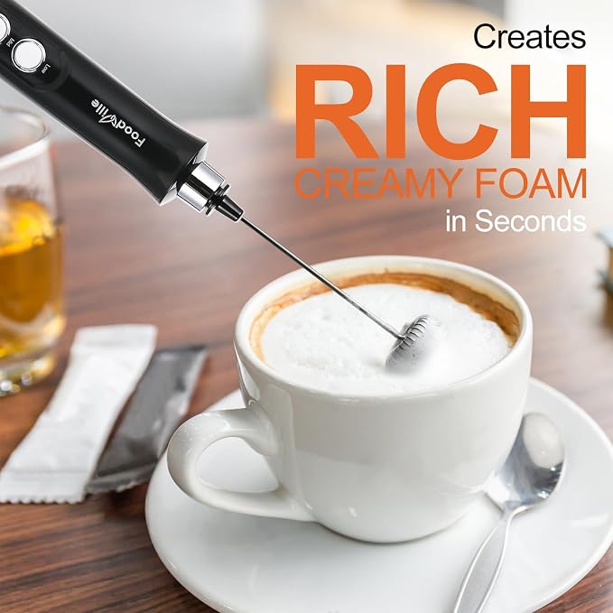 MF09 3 in 1 Rechargeable Milk Frother Handheld Foam Maker with Charging Stand & 3 Stainless Steel Whisks (Black)