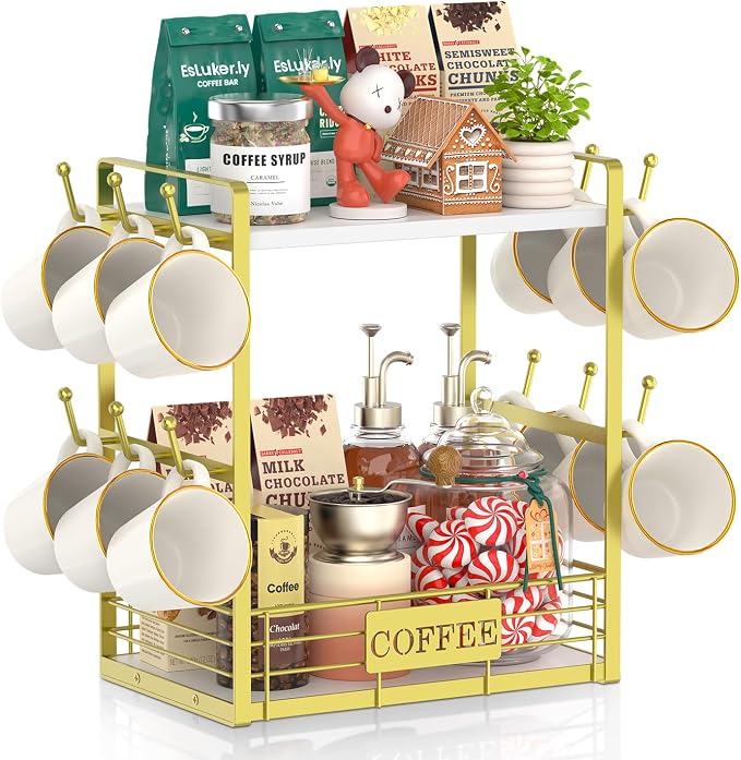 EsLuker.ly Coffee Mug Cup Holder Tree Bar Station Organizer, 2 Tier Gold | Mug Stand Rack for Countertop Kitchen, Storage Tower Display Shelf with 12 Hooks, Coffee Nook Enhancer