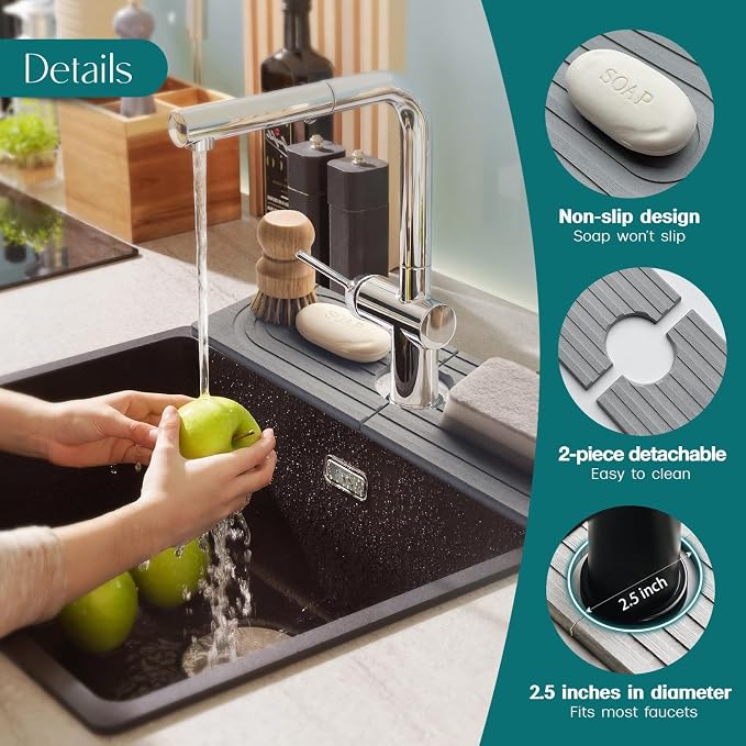 Faucet Mat for Kitchen Sink - Wider Diatomite Fast Drying Stone Sink Tray, Super Absorbent, Prevents Moisture Buildup - Faucet Splash Guard for Bathroom Counter (Grey, 15x5.3inch)