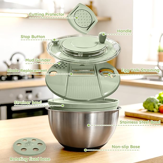 Stainless Steel Salad Spinner Large with 5 Blades Slicer, Vegetable Dryer, Non-Slip Base, Stop Button, Vegetable Fruits Chopper Bowl 5L Capacity with Egg Yolk Strainer