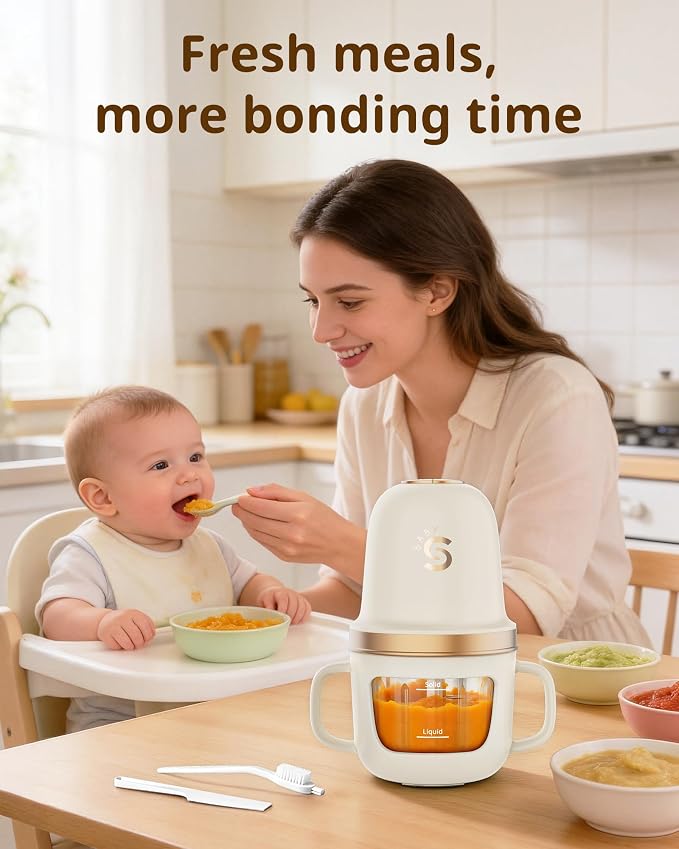 SosekiBaby Solo Baby Food Maker Glass Puree Blender & Mini Food Processor | 316L Stainless Steel Blades, 2-Speed Control | BPA-Free 10oz Homemade Baby Food Grinder for Fruit, Vegetable & Meat, Ivory