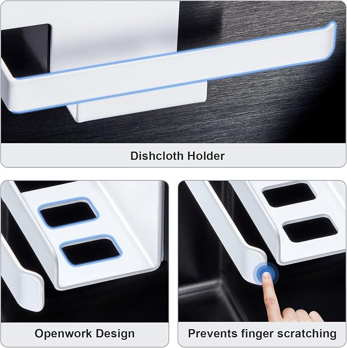 Sponge and Dish Cloth Holder for Kitchen Sink, 2 in 1 Adhesive Sink Dish Sponge Holder, Sinks Caddy Organizer Rack for Storage Sponges Scrubber Glove and Brush, White