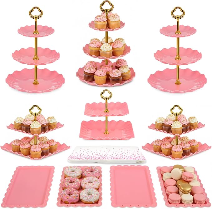 Pack of 11 NWK Cake Stand Set of Cupcake Stand, Tray & Table Cloth (Pink) | Includes 3 x 2-Tier & 3 x 3-Tier Cupcake Stands, 4 Appetizer Trays, Plus 1 Tablecloth. Ideal for Parties, Pink Design