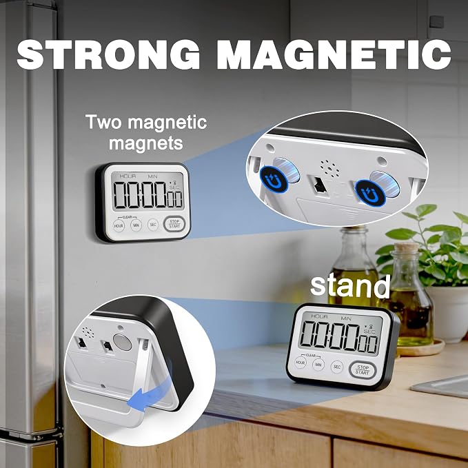 Digital Kitchen Timer Magnetic Loud Alarm, Large LCD Screen Silent/Beeping Multi-Function for Teachers Classroom Kids, Black 2PACK