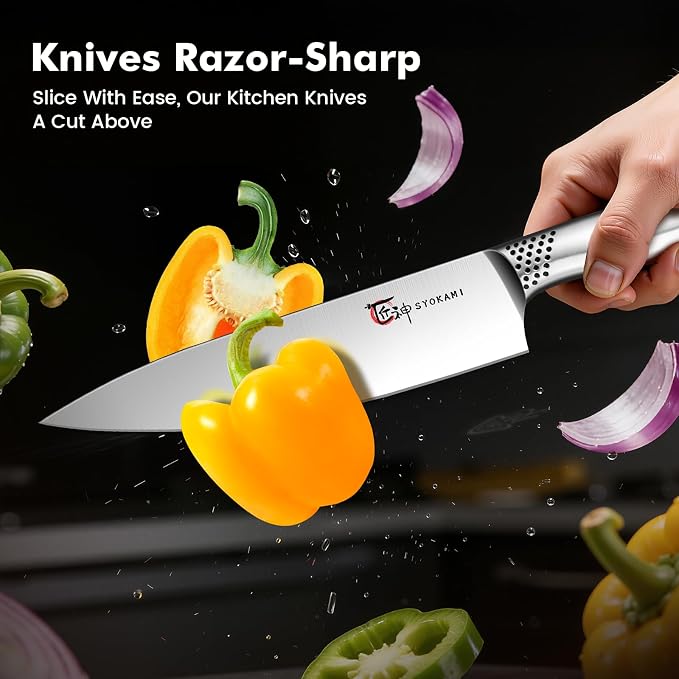 Japanese Knives Set for Kitchen, Magnetic Knife Set with Block and Sharpener, Stainless Steel Knife Set as Gift for Couple, Wedding, Women or Mom with Gift Box, 14 PCS Black Dot