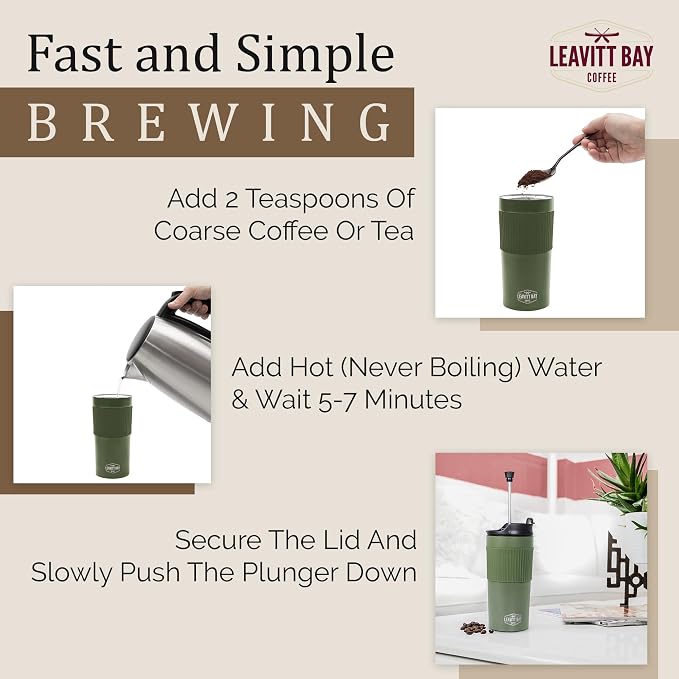 Green Portable French Press Travel Mug & Coffee Maker | Leak-resistant lid Double-wall vacuum insulation ideal for camping & travel