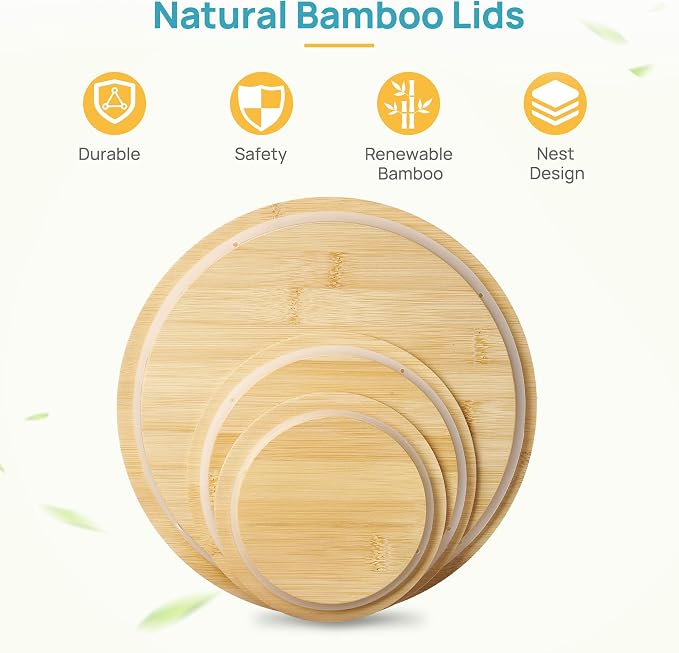 Vtopmart 3 Pack Glass Mixing Bowls with Bamboo Lids, Nesting Set | Kitchen Bowls for Mixing, Meal Prep, Serving & Baking, Space-Saving Nesting Design with Microwave and Dishwasher Safe Glass