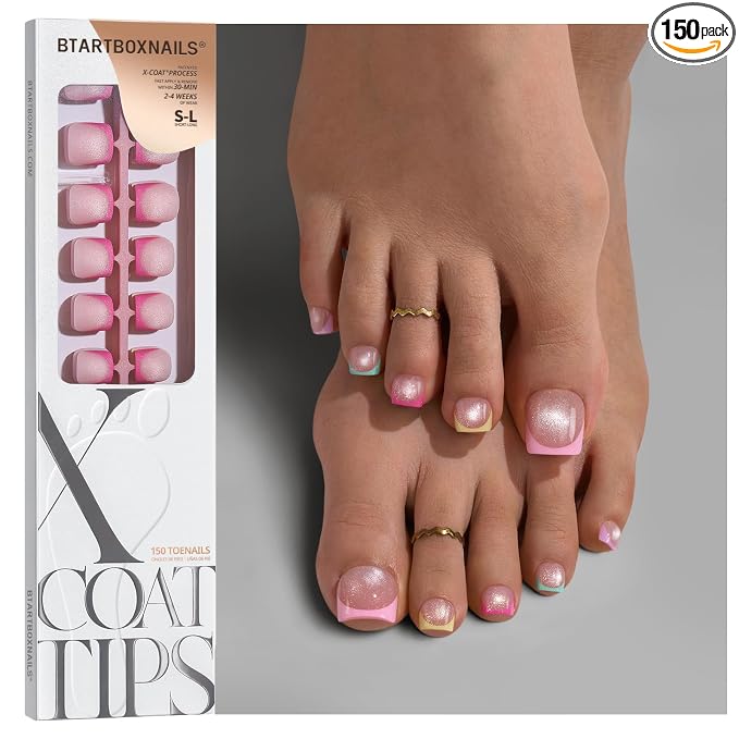 BTArtboxnails XCOATTIPS Pastel French Press On Toenails, S-L Square Cat Eye | Lamp-Curable 4-Week Wear, Salon Quality Value at Home, Natural Nail Look, Easy-to-Apply for Beginners, 150ct Nail Tips Only