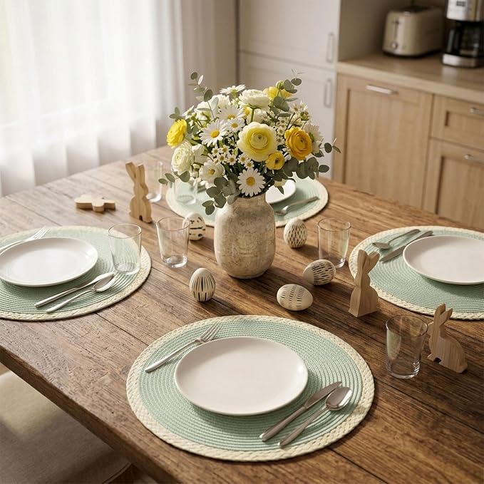 Round Placemats Set of 6, Woven Table Mats, Mint Green | Braided Paper Edge, 15 Inch Diameter, Fits Dinner Plate and Flatware, Wipeable, Heat Resistant, Indoor Dining, Outdoor Patio