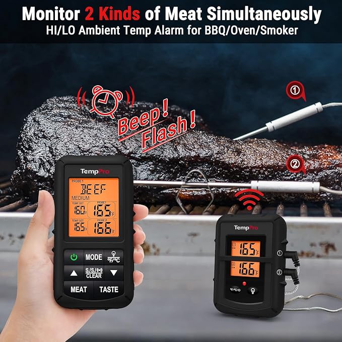 TempPro TempSync 500FT Wireless Meat Thermometer for Grilling and Smoking | RF Technology, 2 Probes, Alarms, Large Backlit LCD Display, Smoker BBQ Kitchen Food Thermometer for Meat Turkey Cooking Gift