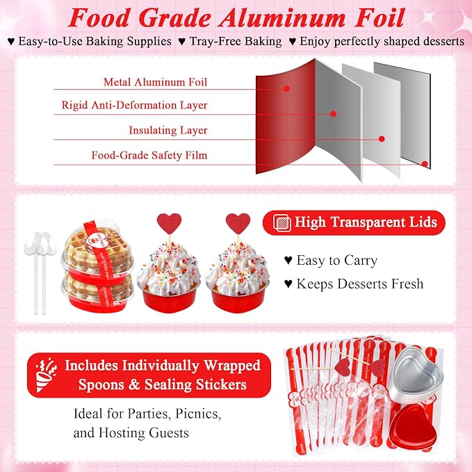 YQER 60 Pack Heart Shaped Cake Pans – 3.4oz Mini Aluminum Foil heart shape Cupcake pan with Lids, Spoons & Heart Stickers – Disposable Mothers Day Baking Tins Supplies for Gifts, Red