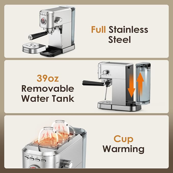 Spacekey Espresso Machine with Milk Frother, 20 Bar Compact Expresso Coffee Machines for Home, Stainless Steel Espresso Maker with 39oz Removable Water Tank for Cappuccino Latte, Fast Heating, Silver