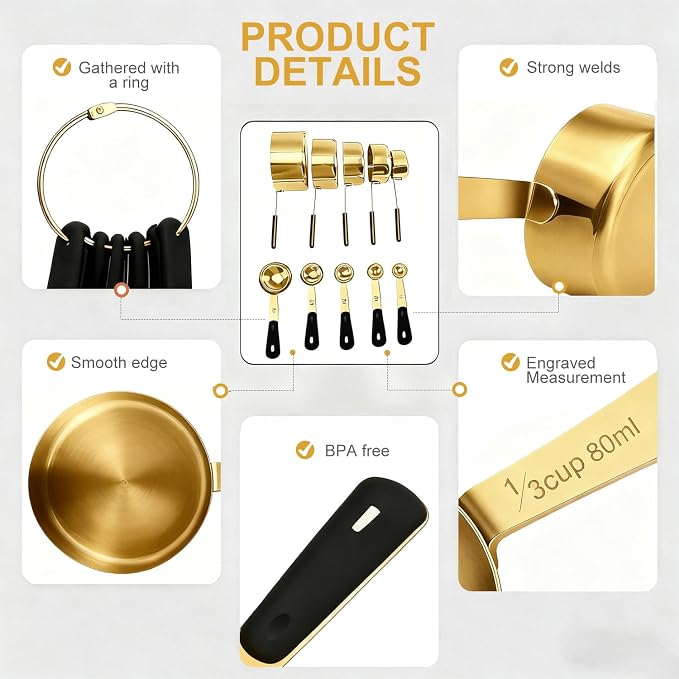 Bopei Measuring Cups and Spoons Set, Gold Electroplated Stainless Steel 10 Piece for Cooking and Baking (5 Cups + 5 Spoons Gold)
