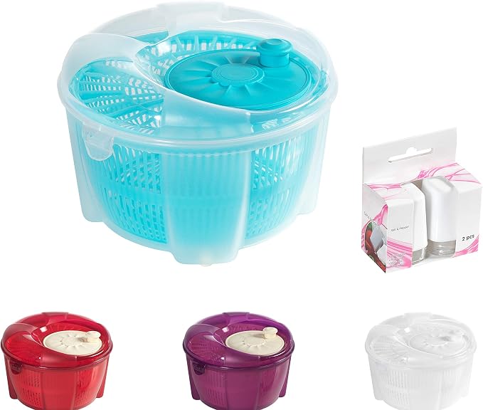 Salad Spinner, Salad Tosser and Mixer, 5,5 Quart, Vegetable Spinner -EXTRA Salt&Pepper Shaker inc. (Blue)