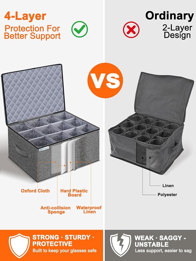 Wine Glass Storage Box for Martini, 5" Wide Cell Hard Shell China Storage Containers with Dividers, Stackable Stemware Storage Holder for Glassware, Margarita, Goblets & Brandy Snifters, Grey