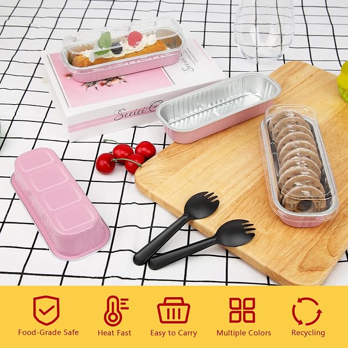 LNYZQUS Mini Loaf Cake Pans with Lids 100 Pack, Small Foil Baking Tins | 6.8oz Rectangle, Pink, Disposable Aluminum Cake Cups, Individual Dessert Containers for Bakery Bake Sales
