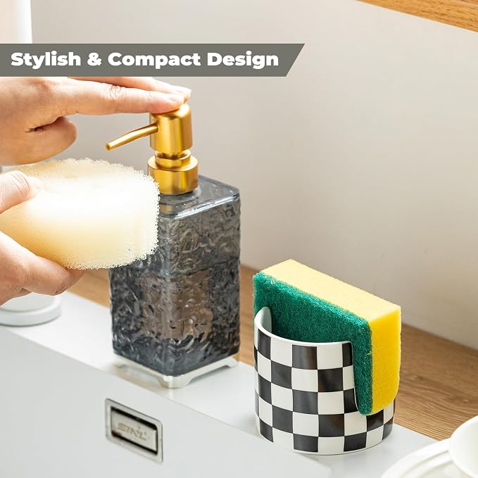 Zoeeker Sponge Holder for Kitchen Sink, Ceramic Checkered Dish Sponge Rack | Dish Brush Holder Farmhouse Kitchen Drying Rack Scrubby Caddy Kitchen Organizer for Scrubber, Bathroom, Sink, Black and White