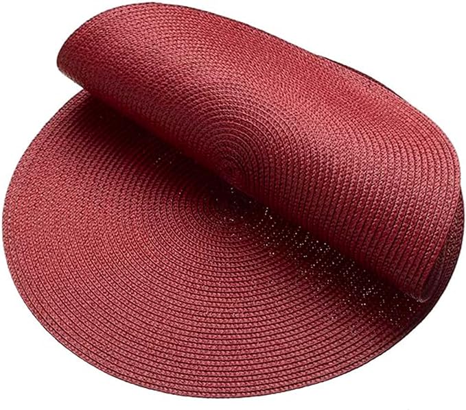 AHHFSMEI Round Placemats Set of 6 Heat Resistant Washable Non-Slip Woven Braided Table Mats for Dining Table Kitchen & Home Decor (Burgendy Red)