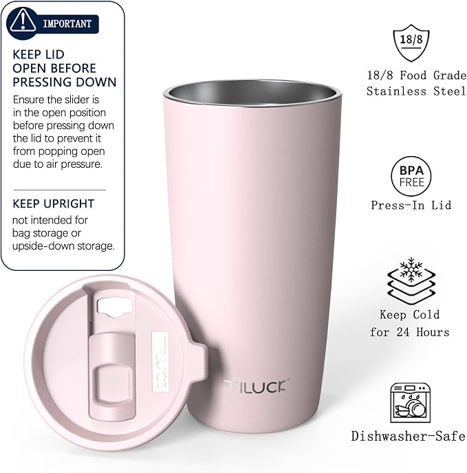 TILUCK 20 oz Insulated Coffee Tumbler with BPA-Free Lid | Travel Coffee Mug, Dishwasher Safe, Cup Holder Friendly, Double-Wall Vacuum Insulation for Hot & Cold Drinks, Matte LightPink