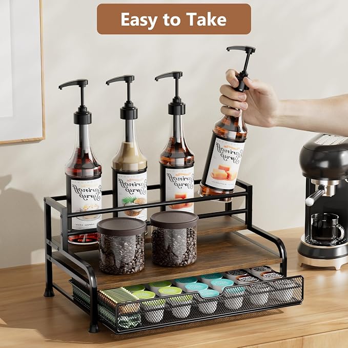 Coffee Syrup Rack Organizer, 3-Tier with 35 K-Cup Pod Holder Drawer | Black Metal Rack for 8 Syrup Bottles,Countertop Bottle Holder Stand for Wine,Space-Saving Design for Kitchen Cafe Station
