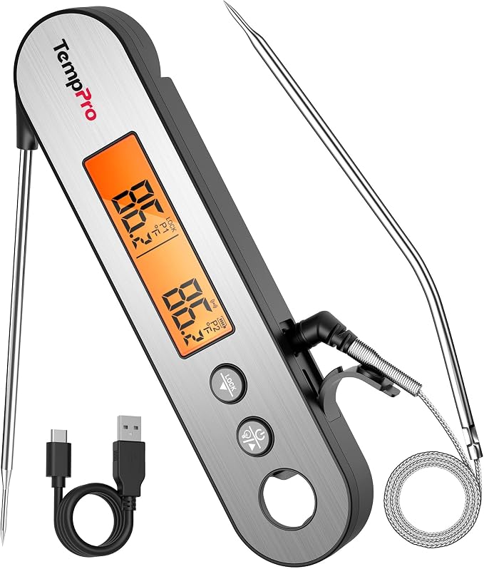 TempPro TempSwift Rechargeable Digital Meat Thermometer for Cooking | 2 Probes Food Thermometer with Stainless Steel Design, Cooking Thermometer with Alarm & Backlight for BBQ Grill Smoker Oven