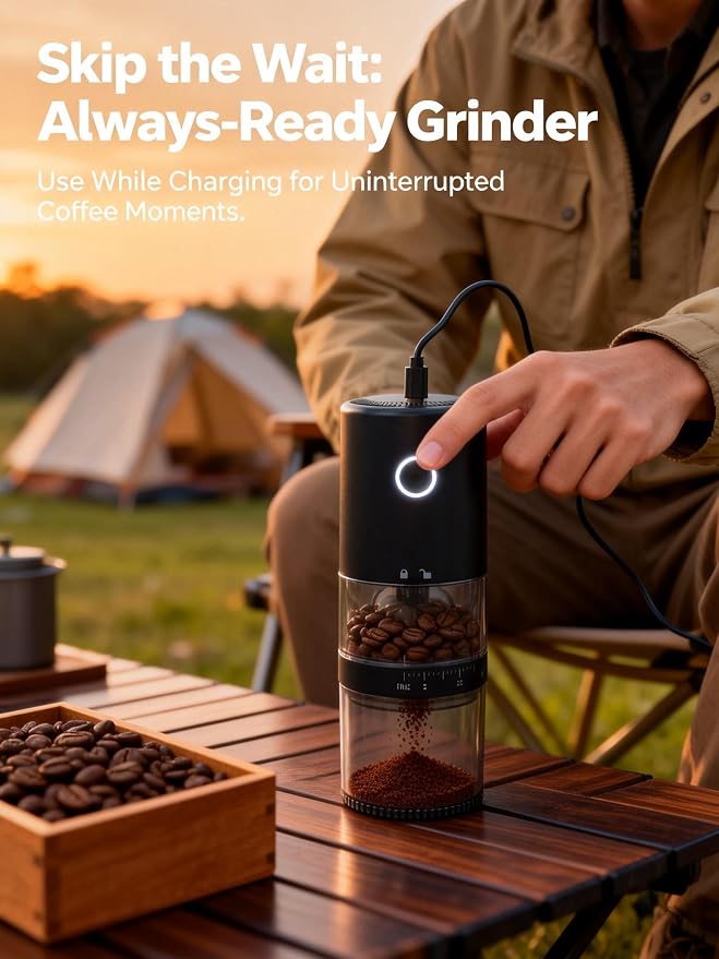 LAMIDO Portable Electric Burr Coffee Grinder - Grind While Charging - Visual Bean Hopper - 38 External Grind Settings - 1.8X Faster Grinding - 2000 mAh Battery for Travel, Camping (Matte Black, E96T)