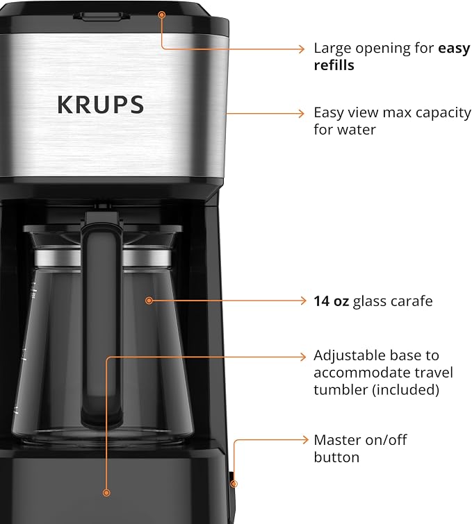 KRUPS Simply Brew Coffee Maker - Multi-Serve 4-in-1 with Stainless Steel Travel Tumbler, Black, 14oz