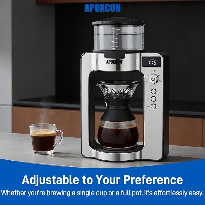 APOXCON Automatic Drip Coffee Maker for Coffee Enthusiasts -Pour Over Coffee Brewer with Programmable Timer, Hand Drip Simulation, Adjustable Strength, Built-in Scale, Glass Water Tank & Carafe