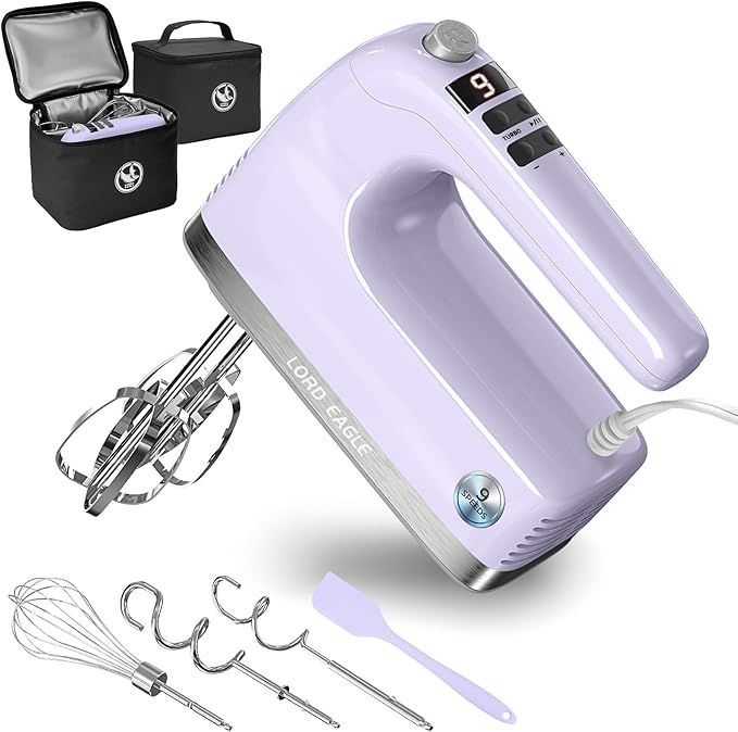 Lord Eagle 9-Speed Digital Hand Mixer Electric Handheld, 500W DC Motor | Kitchen Mixer for Cake Baking, Lightweight Egg Beaters with Stain-resistant & Waterproof Storage Bag & 6 Accessories, Purple