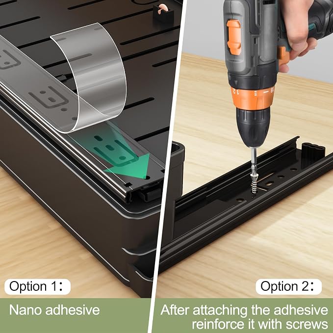 DOMNIU Pull Out Cabinet Organizers Expandable,Black,16.9" Depth,2 Pack | Slide Out Drawers for Kitchen, Bathroom, Pantry, Under Sink Storage, Fixed with Adhesive Nano Film (11.6''-17.5'')
