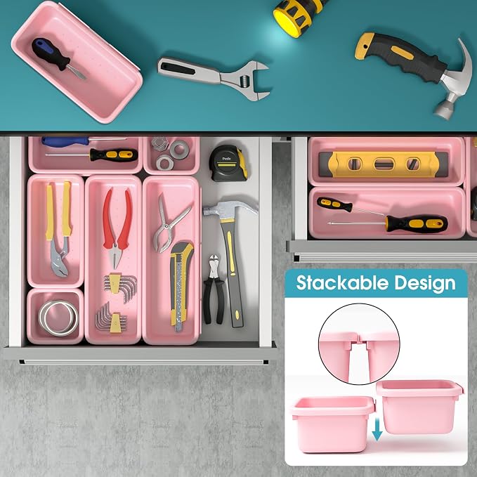 6 PCS Drawer Organizer Set, 3 Size Makeup Drawer Divider Organizer With Non-Slip Pads, Interlocking Plastic Storage Bins for Office,Jewelry Vanity,Gadgets, Bathroom,Kitchen, Pink