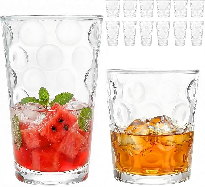 Moretoes Circle Drinking Glasses Set of 12,Clear Water Glass Cups | Mixed Glassware Set,16 Oz Highball Tumblers &12 Oz Rock Whiskey for Cocktail, Whisky and Other Beverages