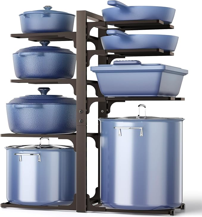 Pots and Pans Organizer Under Cabinet 20.8" 8-Tier Adjustable Bronze | 2 DIY Modes, Tool-Free Assembly, Max 120 Lbs, Fits Large Stockpots, Cast Iron Pans & Heavy Cookware, For Kitchen Cabinets