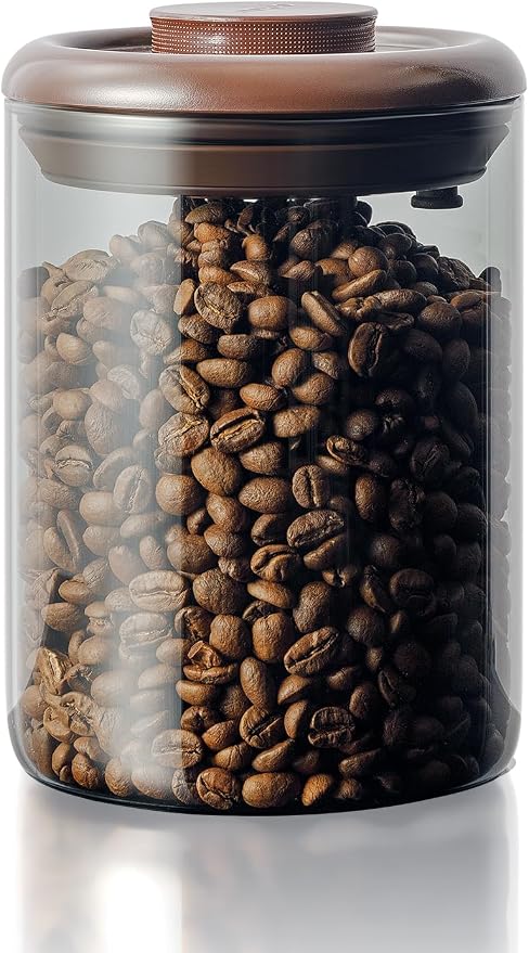 Airtight Coffee Canister, 10 oz Brown Glass Jar with Pop Lid & CO2 Valve | Small-Batch Coffee Storage for Beans, Espresso and Grounds, with One-Touch Access for Daily Brewing at Home or the Office