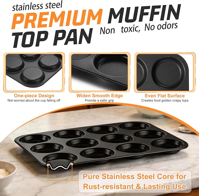 P&P CHEF 12-Cup Muffin Top Pan, Cupcake Pan with Shallow Side, 2PC & Black | Stainless Steel Muffin Pan Cupcake Tin for Whoopie, Yorkshire Pudding, Egg Bite, Cupcake, Non-toxic & Easy Clean