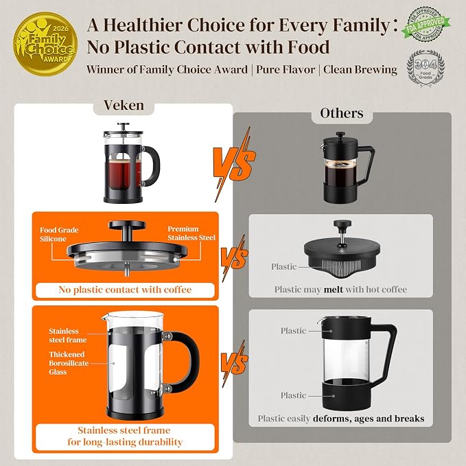 Veken French Press Coffee Maker,No Plastic Touches Cafe,21oz 0.6L Small Pot | Heat Resistant Thickened Borosilicate Glass Stainless Steel Brewer, Single Serve,Kitchen,Travel,Camping,Tea,Gifts,Dark Pewter