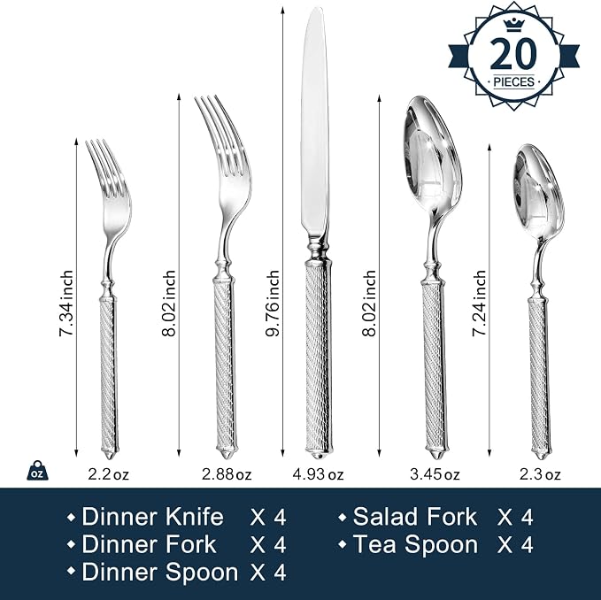 Silverware Set for 4, 20 Piece Flatware Set, 18/10 Stainless Steel | Retro Rope Handles, Hot Forged, Mirror Polished, Dishwasher Safe, Rust Resistant, for Home, Weddings & Housewarming