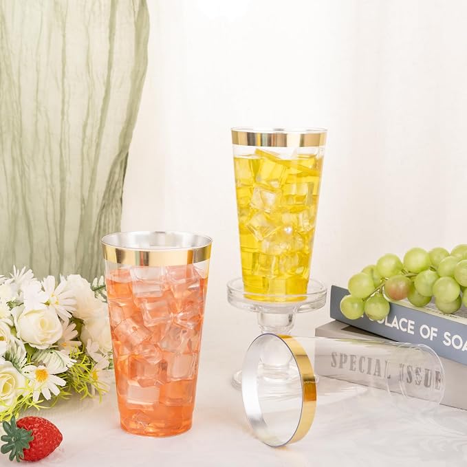I00000 16 oz Gold Plastic Cups, 100 Pack Clear Plastic Cups Tumblers Gold Rimmed Cup, Heavy-duty Disposable Cup Perfect for Wedding & Party