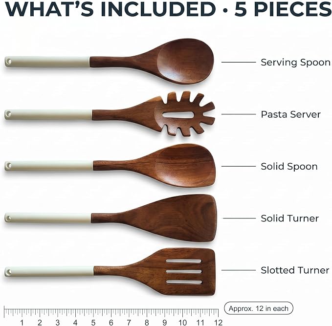 DI ORO Wooden Kitchen Utensil Set - 5 Pc Spoon & Spatula, Cream | Won't scratch nonstick pots and pans; Natural hardwood, easy to hand wash; For cooking, serving, stirring, and turning