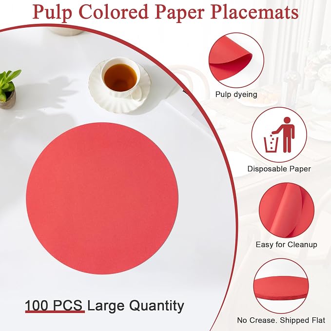 SHACOS 100 pcs Christmas Disposable Round Paper Placemats 13 inch Colored Paper Place Mats for Wedding Birthday Party Bridal Baby Shower Table Decoration, Red (Pack of 2)
